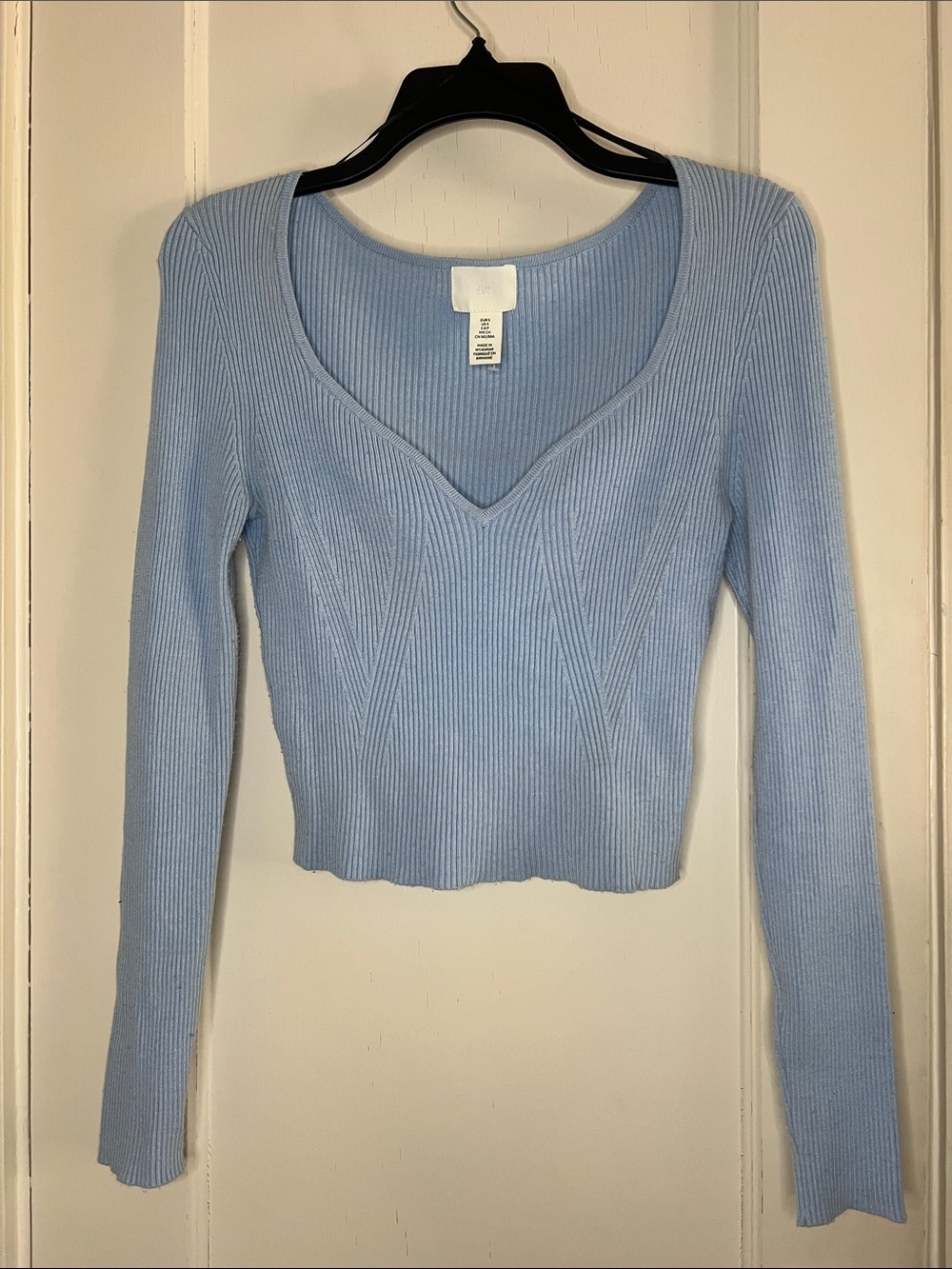 Light Blue Ribbed Long Sleeve V-Neck Top